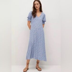 MANGO Puff Sleeve Light Blue Floral Midi Dress - Size: 6 - Like New!